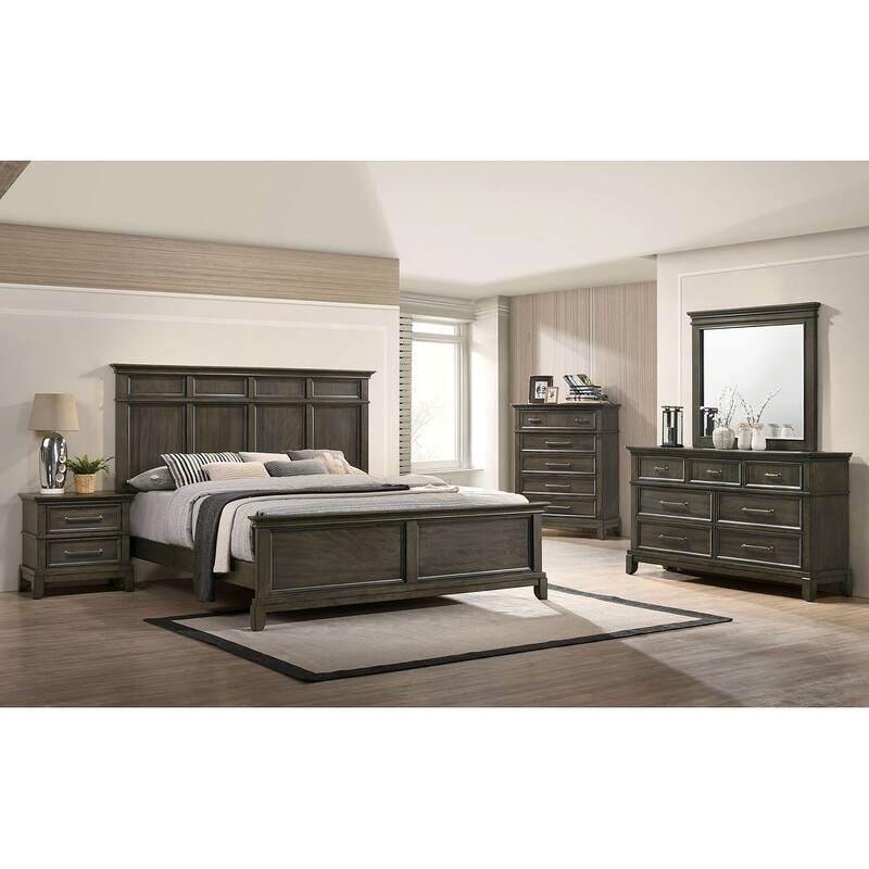Contemporary Gray Solid Wood Veneer 1pc Nightstand w/ Pewter Pulls & Crown Molding for Bedroom