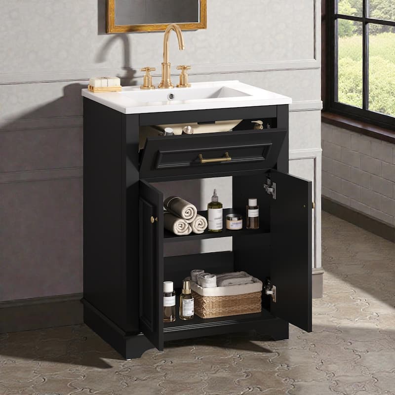 24 Inch Bathroom Vanity with Integrated Ceramic Sink, Freestanding Cabinet with Tip-Out Drawer, Small Space Vanity