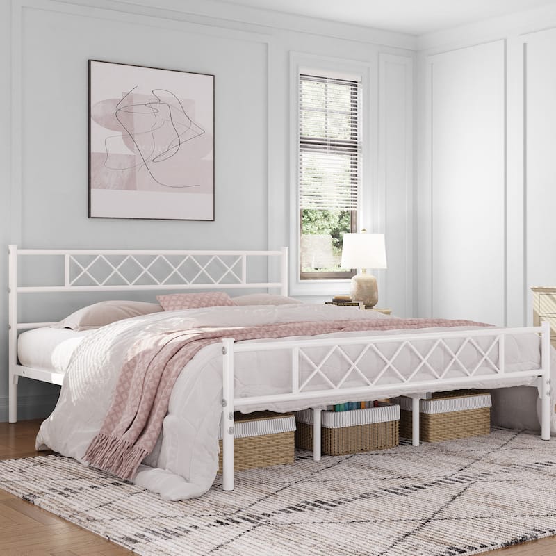 Yaheetech Metal Bed Frame Mattress Foundation with Slatted Bed Base, White