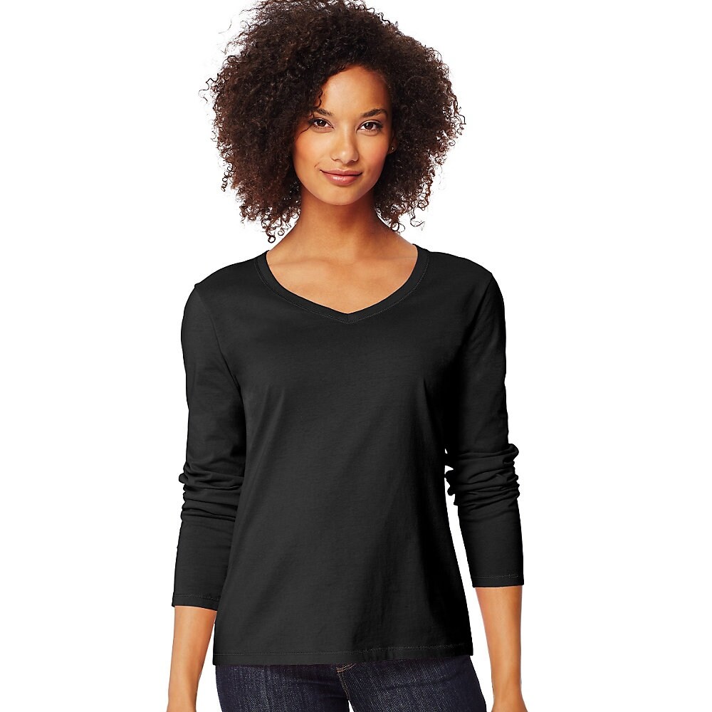 Hanes Women/'s Long-Sleeve V-Neck T-Shirt Tee 100/% Cotton Top Tag Free sz S-2XL