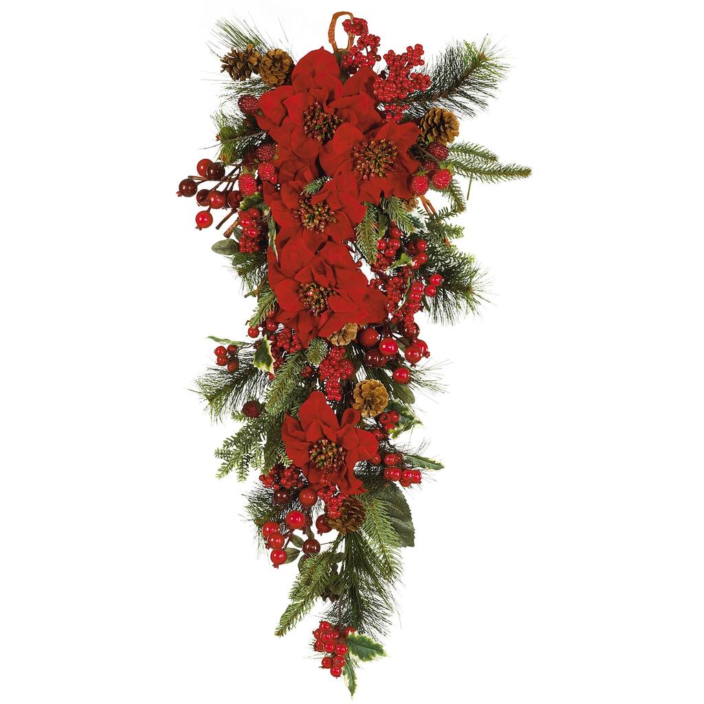 30" Poinsettia Artificial Christmas Teardrop Swag, Unlit - Red