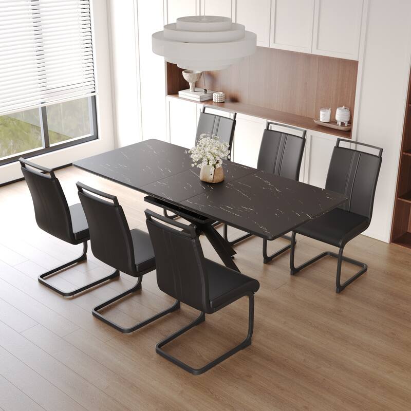 Modern Dining Set with Rectangular Extendable Table & High Back C-shaped Tube Armless Chairs
