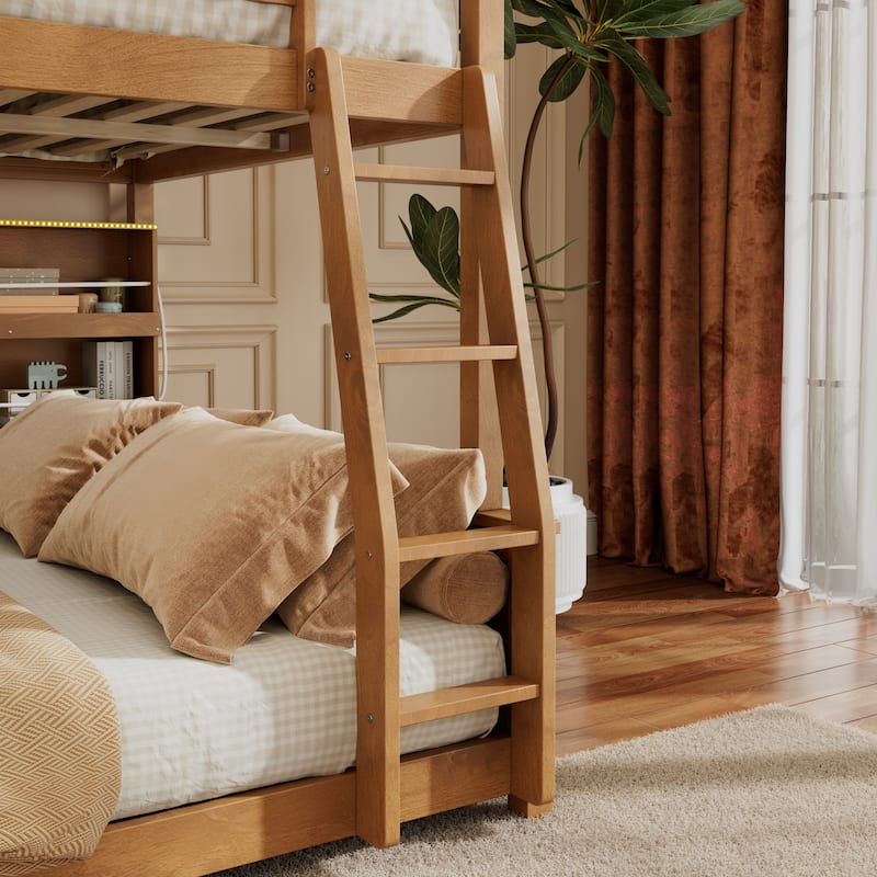 Full XL over Queen/Full over Full Bunk Bed with Integrated Shelving, Color-Changing Lights & Pegboard