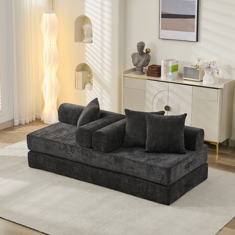 Chenille Floor Sofa Bed - Foldable Mattress Couch with Armrests, Convertible Lounge Chair for Living Room, Bedroom or Studio