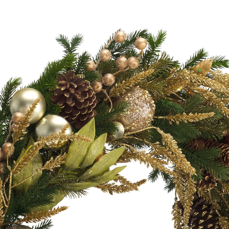 SAFAVIEH Home Luxe 34-inch Gilded Pine Wreath With Ornaments Ribbon & Pine Cones