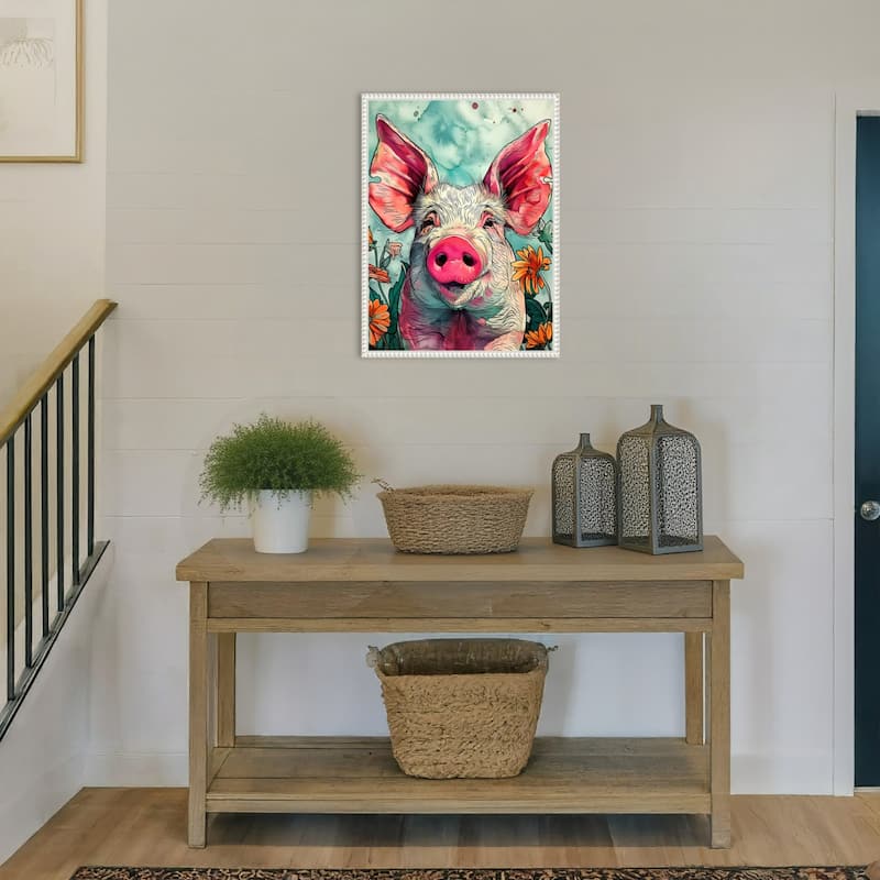 Pig in Flowers by Justyna Jaszke Framed Canvas Wall Art