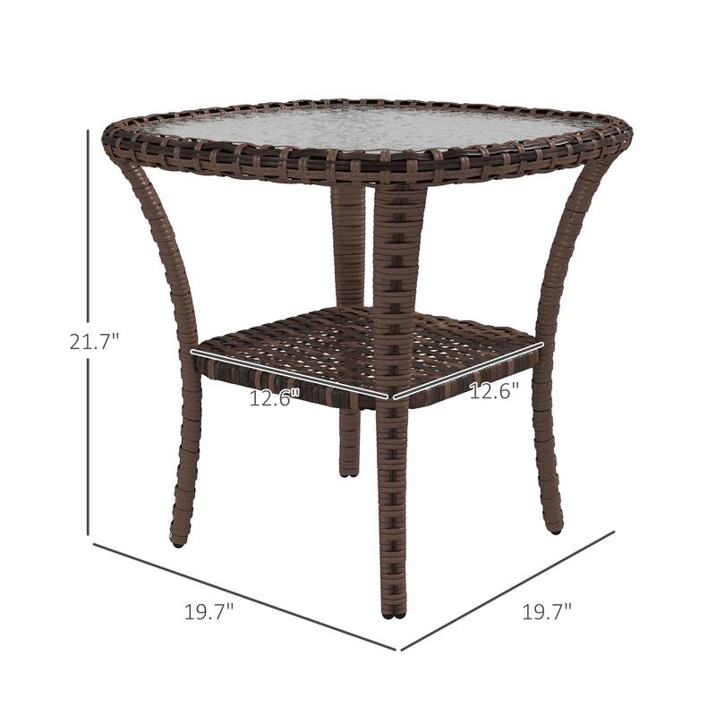 Outdoor Rattan Coffee Table with Storage Shelf, Wicker Side Table with Glass Top