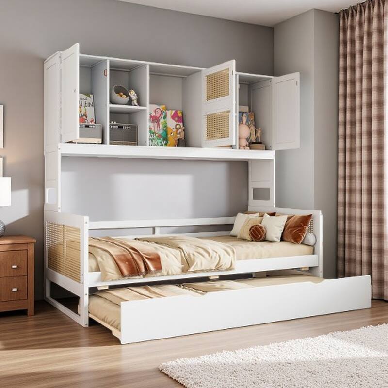 Wood Full Size Daybed with Built-In Storage Cabinet, Shelves & Twin Trundle, Rattan Accent, No Box Spring Needed