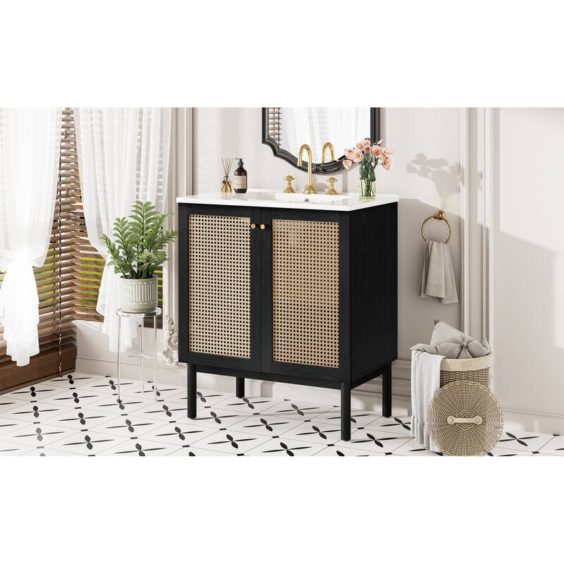30-inch bathroom vanity crafted from natural materials, featuring handmade rattan doors and soft-closing mechanisms