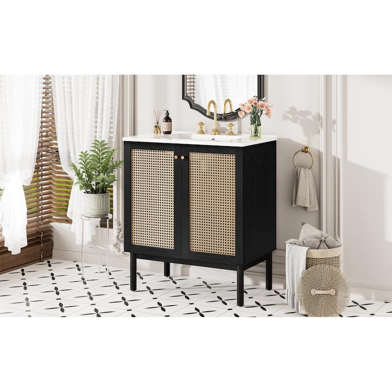 Roomfitters 30" Bathroom Vanity with Ceramic Sink, Handmade Rattan Doors, Soft-Close Hinges, Modern Cabinet, Black