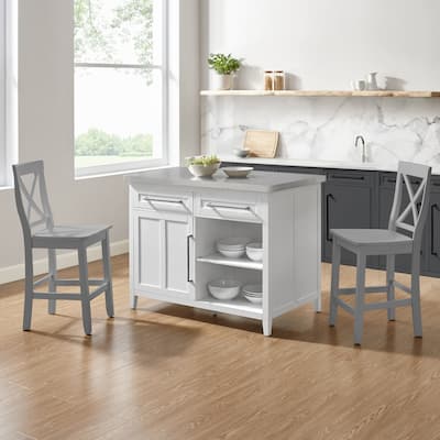 Kitchen Island with Stools - Stainless Steel Top, Storage & Dining Cart - White Gray Kitchen Center