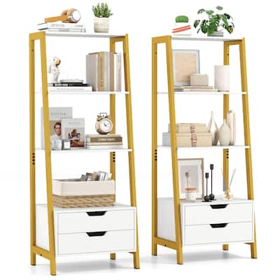 Gymax 2PCS Bookshelf w/ 2 Storage Drawers Sturdy Metal Frame