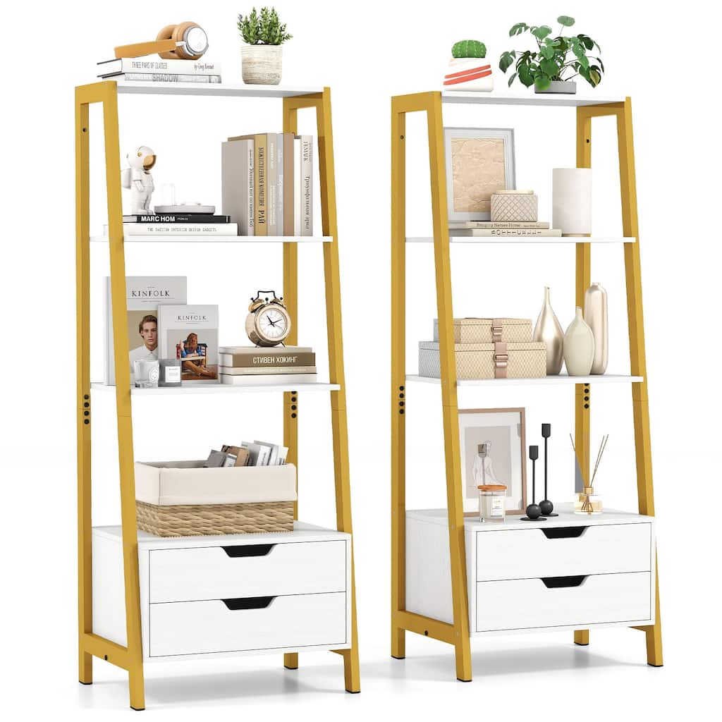 Gymax 2PCS Bookshelf w/ 2 Storage Drawers Sturdy Metal Frame