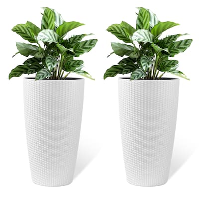 Set of 2 Faux Rattan Tall Planters Outdoor Indoor Large Planters with Water Level Monitor Inner Bucket,Automatic Watering