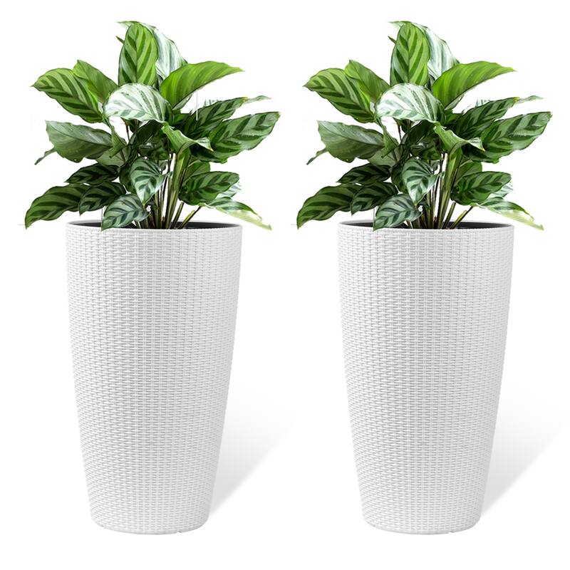 Set of 2 Faux Rattan Tall Planters Outdoor Indoor Large Planters with Water Level Monitor Inner Bucket - White