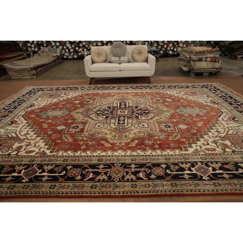 Hand Knotted Oriental 100% Wool Carpet Traditional Medallion Oranges & Rust Heriz (serapi) Area Rug - 14' 9'' X 11' 8''
