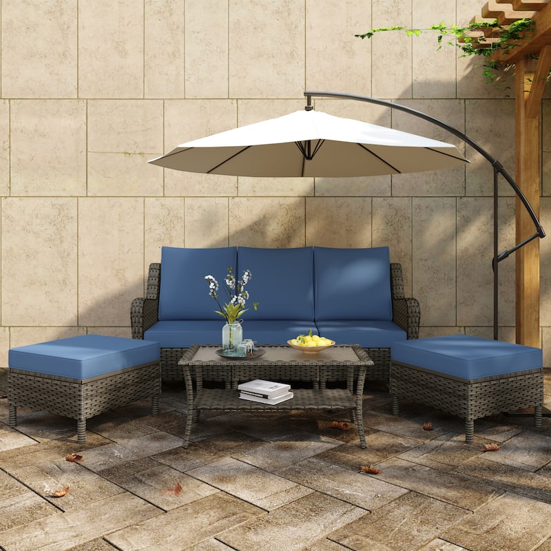 Outdoor 6-Piece Rattan Wicker Sectional Sofa Set With Cushion - Brown Frame/Table - Blue/Brown