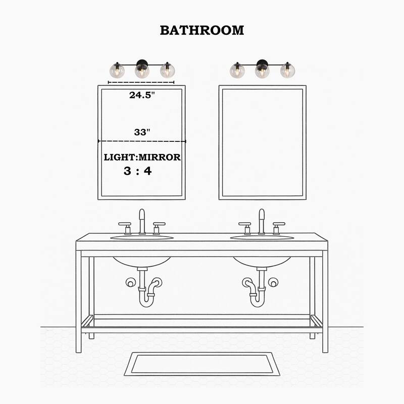 Modern 3-Light Black Bathroom Vanity Lights Linear Fixtures with Clear Triple-globe Glass Shades Wall Sconces for Bathroom