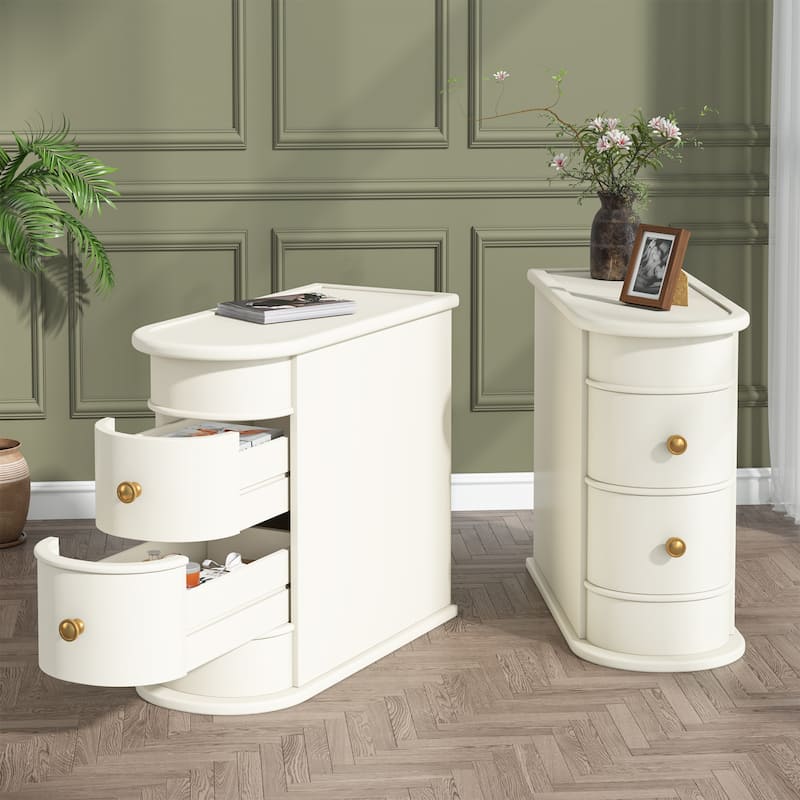 Wood Nightstand with 2 Drawers, Narrow Bedside Table No Assembly - White 2Pcs - 2-drawer