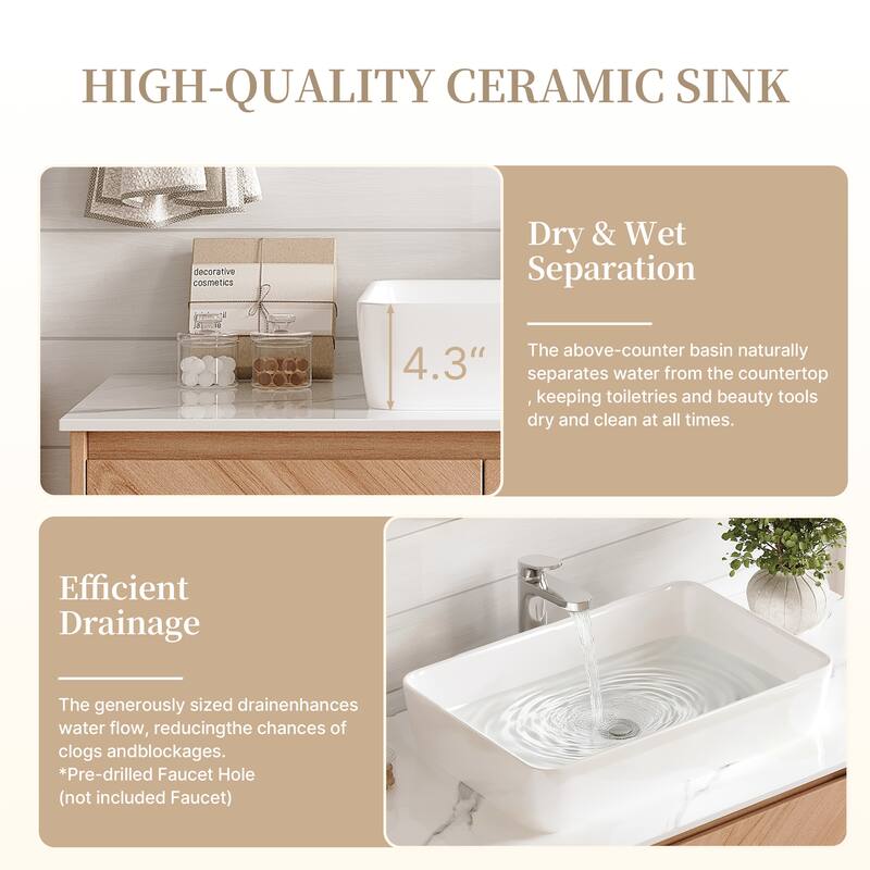 36'' Single Bathroom Vanity with Stone Top, Brown Wood, Black Vessel, Floading Vanities