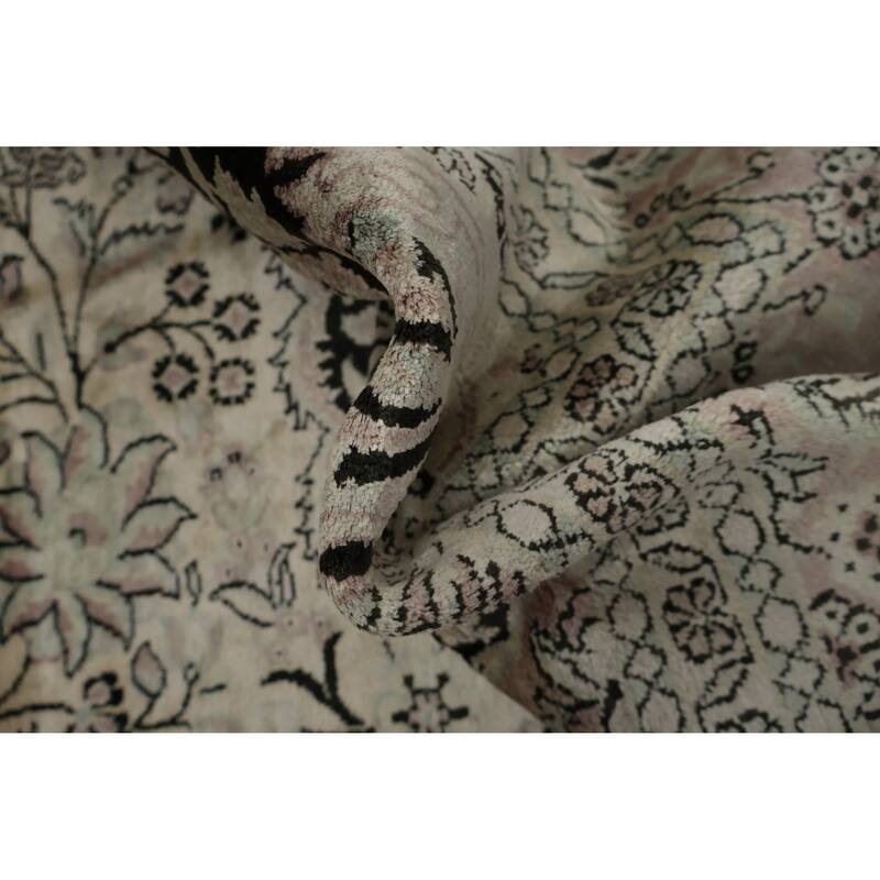 Hand Knotted Oriental Silk Carpet Traditional Floral Beige & Ivories Kashmir Area Rug - 10' 3'' X 7' 0''