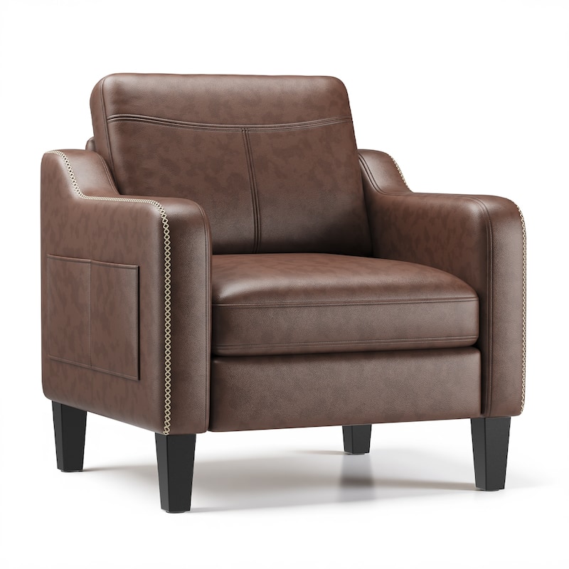 Modern Accent Chair PU Leather Mid-Century Design Removable Cushions Living Room - Chocolate