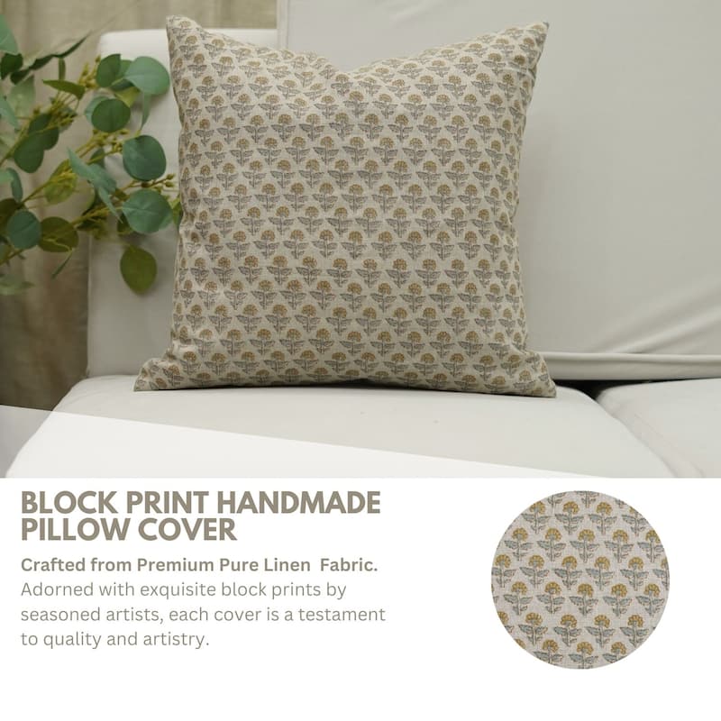 Fabdivine 12x20 Handmade Pure Linen Cushion Cover Floral Mustard Ideal for Sofa, Floral Block Print, Accent Décor, Bagru Buti