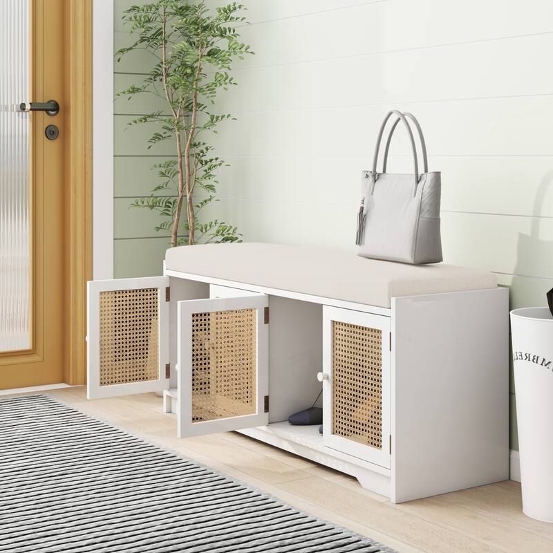 Upholstered Storage Bench with Cabinet Rattan Style Wood Cabinet