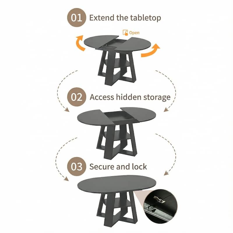 43.3in-59in Extendable Round Dining Table for 4-8, Oval Dining Table with Removable Leaves Space Saving with Storage Shelf