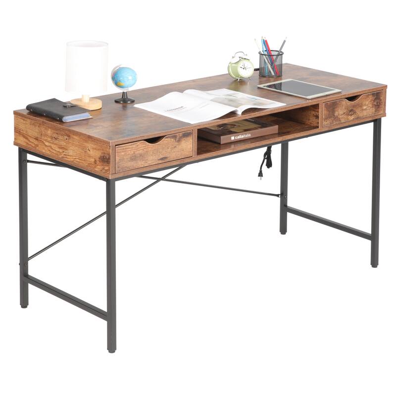 JJS 40" Modern Office Desk Large Computer Desk with Power Outlet, USB Port & Drawer, Home Workstation