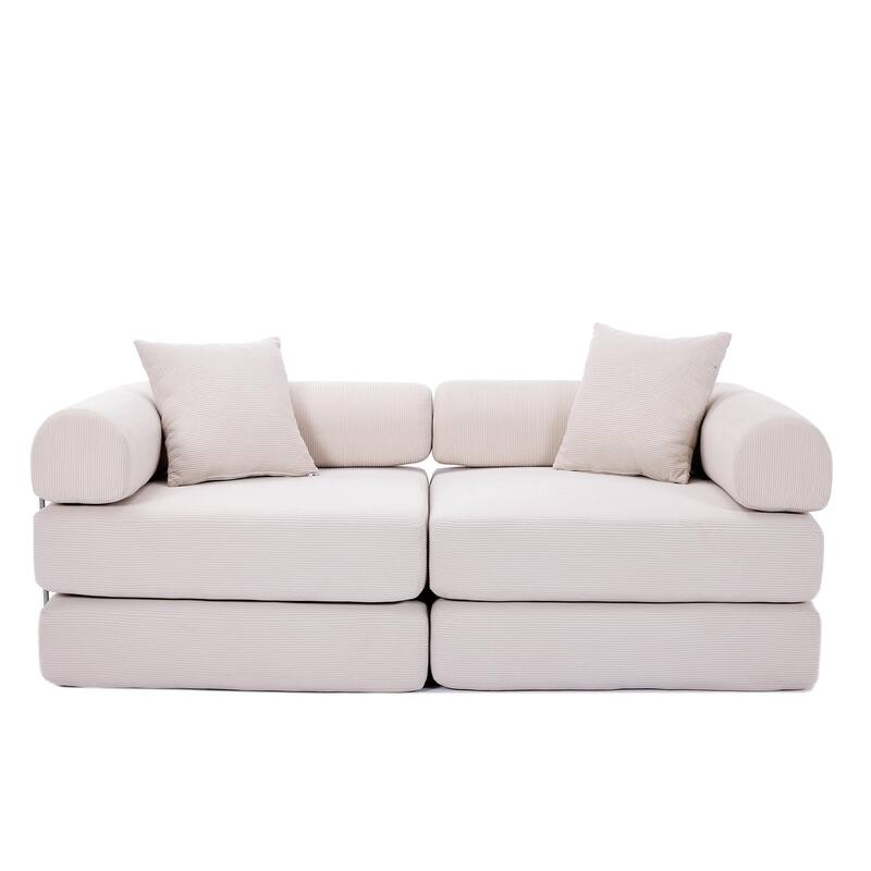 Folding Mattress Lounge Sofa with Corduroy Cushions, Convertible Sofa Bed Sleeper Sofa with Removable Armrests