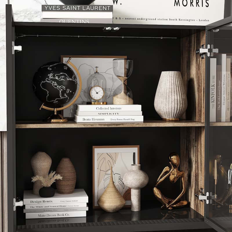 Sideboard Bookshelves Cabinet with LED Light,Glass Doors 47.2” Storage Display Cabinet - 47.2"W