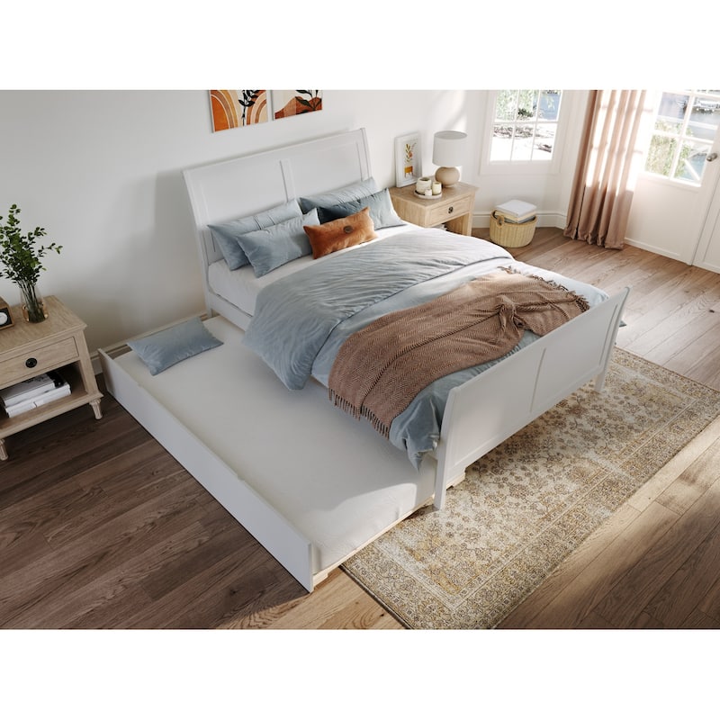 Platform Bed with Trundle - Twin Size, Walnut Finish - Modern Bedroom Furniture Set with Footboard