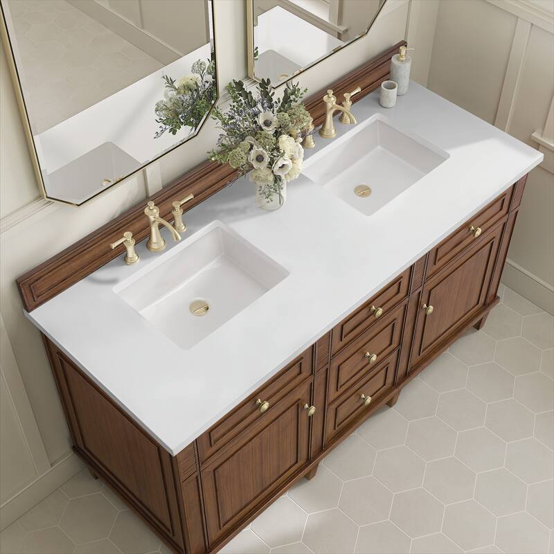 James Martin Vanities Lorelai 60" Double Vanity, Mid-Century Walnut - White Zeus.