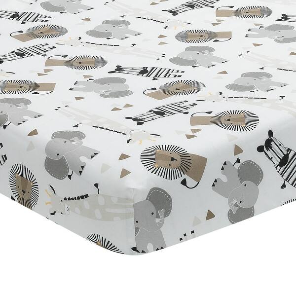 slide 2 of 5, Lambs & Ivy Jungle Safari Cotton White/Gray Elephant/Lion Fitted Mini Crib Sheet