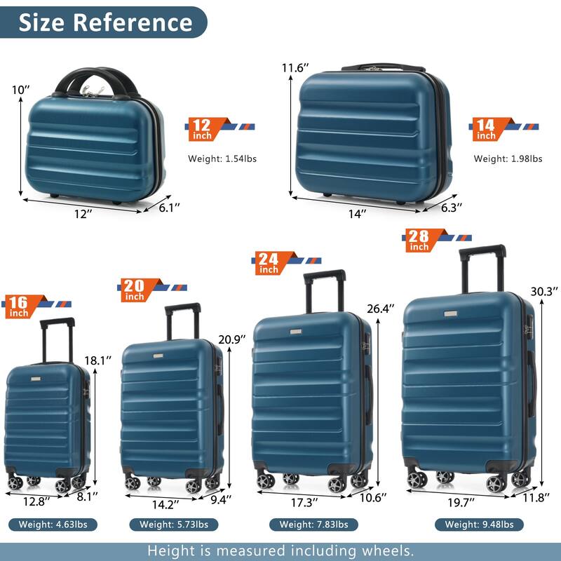 6-Piece ABS Hardshell Luggage Set - Lightweight & Durable Suitcases with Dual Spinner Wheels, Carry-On & Check-In Sizes - Inky Blue