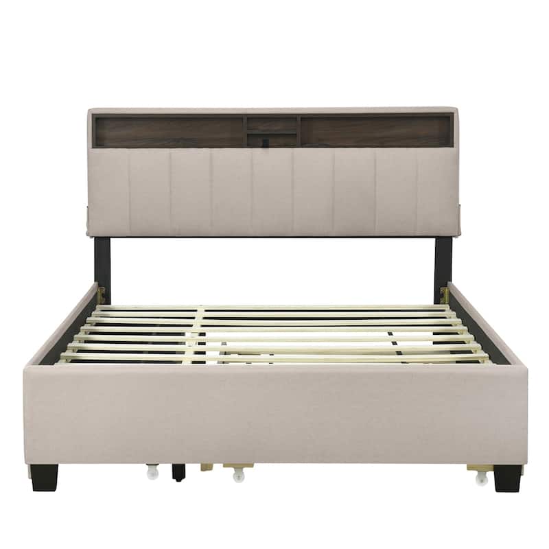 Queen Size Linen Upholstered Platform Bed with Trundle and USB Ports