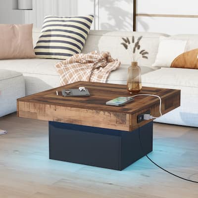 31.4" x 31.4" Farmhouse Coffee Table, Brown Spliced Wood Grain Center Table with LED & Charging Station