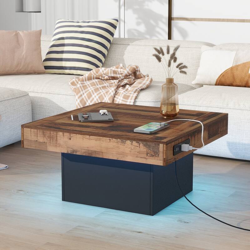 Farmhouse Coffee Table with 2 USB Ports and Outlets, Brown Spliced Wood Grain Center Table with LED Light