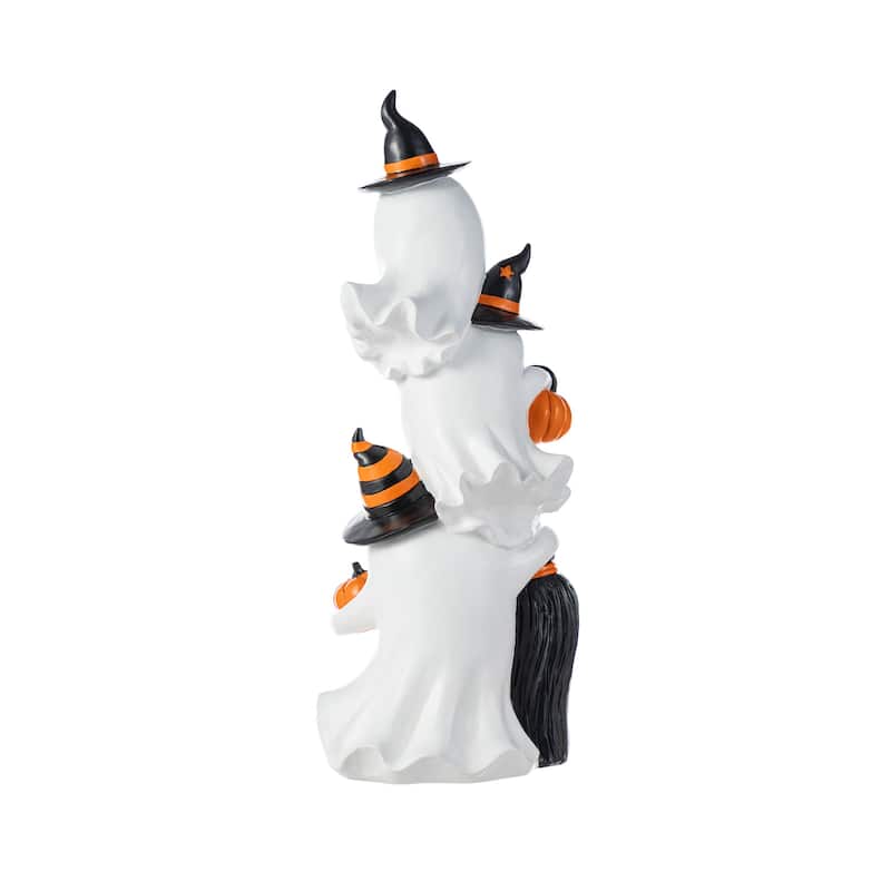 Glitzhome 21.75"H Halloween Resin Stacked Ghost Riding a Broom Figurine Porch Decor