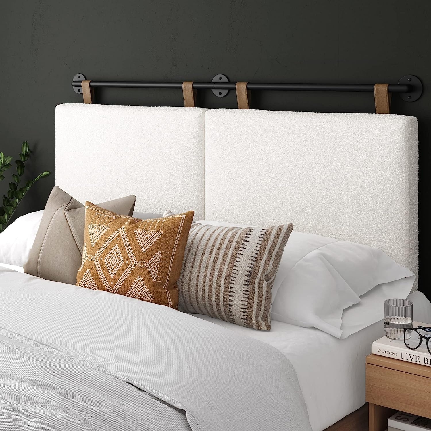 Wall Mount Hanging Upholstered Headboard White Boucle with Brown Faux Leather Straps