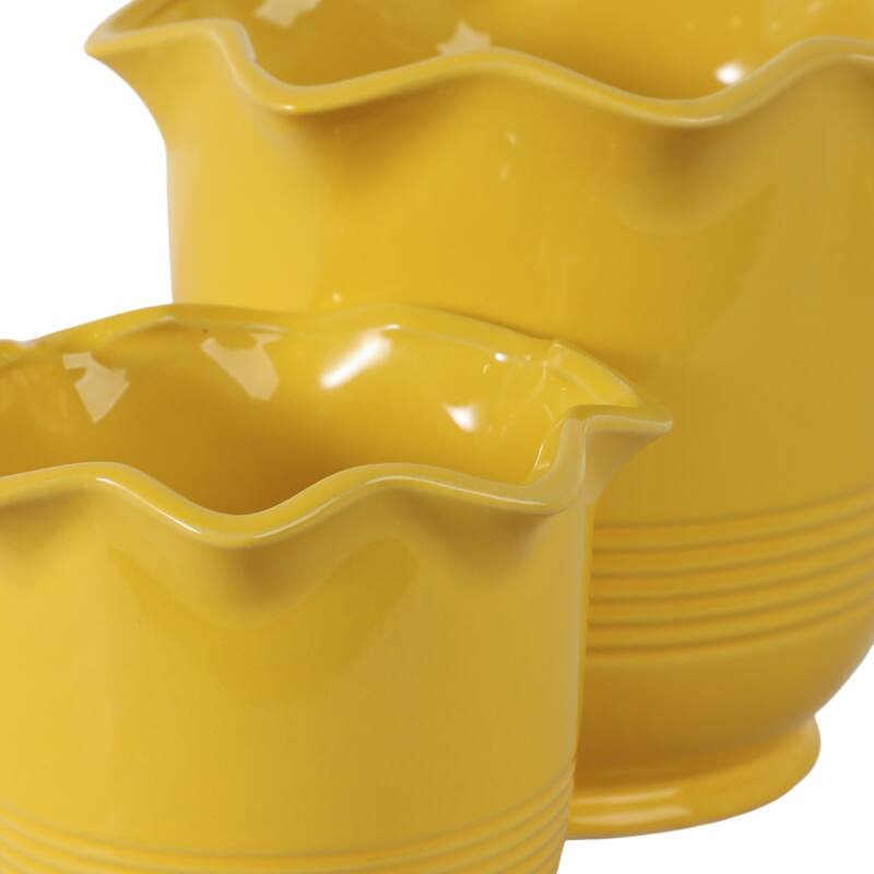 Ceramic Planter Scalloped Rim Ribbed Design Home Decor (Set of 2) - 8" x 8" x 6.75"