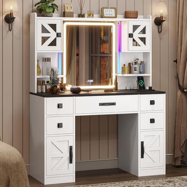 Vanity with Touch Screen Mirror & Time Display Makeup Vanity 5 Drawers
