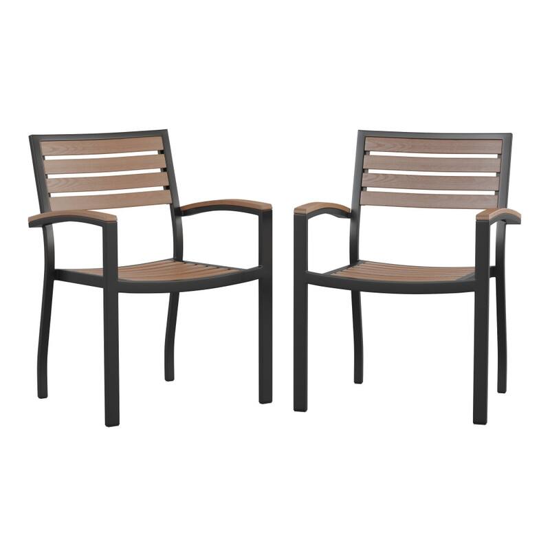Set of 2 Stackable All-Weather Aluminum Patio Chairs with Faux Teak Slats