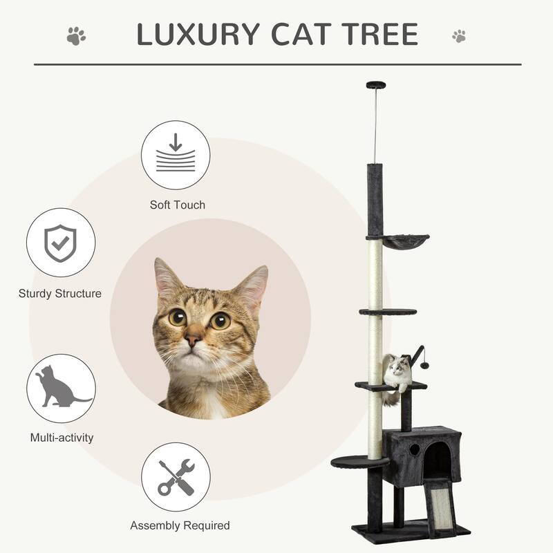 106" Huge Cat Tree Kitty Activity Center Floor-to-Ceiling Cat Climbing Toy with Scratching Post Board - Gray