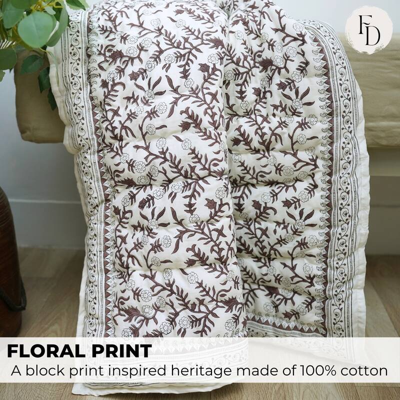 Fabdivine Bohemian Hand Block Print Cotton Quilt - Ethnic Home Décor, Shejan Brown, Handmade Reversible Bedspread