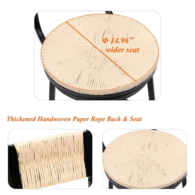 Modern Bar Stools Swivel Counter Chairs with Metal Frame Set of 2 Hand Woven Paper Rope Dining Barstools for Kitchen Counter