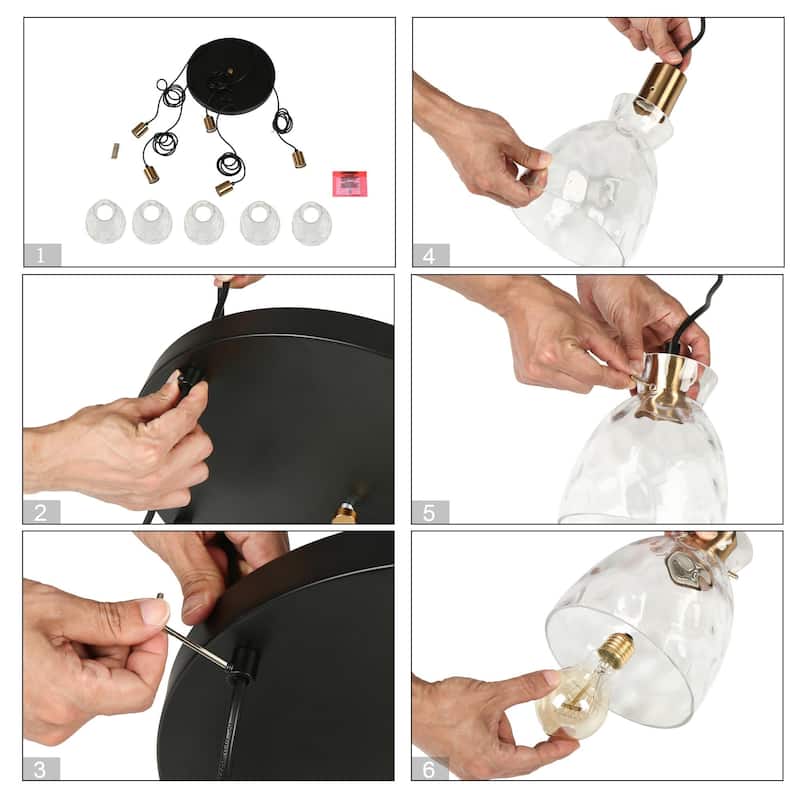 Elisie Modern Glam Cluster Chandelier 5-Light Water Hammered Glass Adjustable Foyer Pendant Light - D 19.7" x H 67.2"