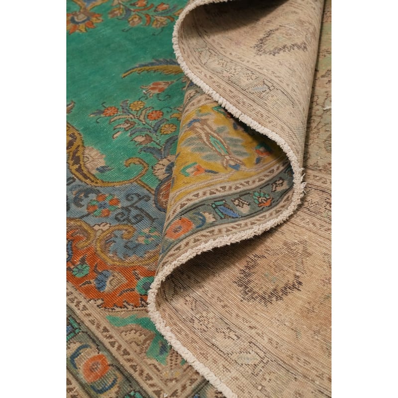 Hand Knotted Oriental 100% Wool Carpet Traditional Floral Green Tabriz Area Rug - 12' 9'' X 9' 9''