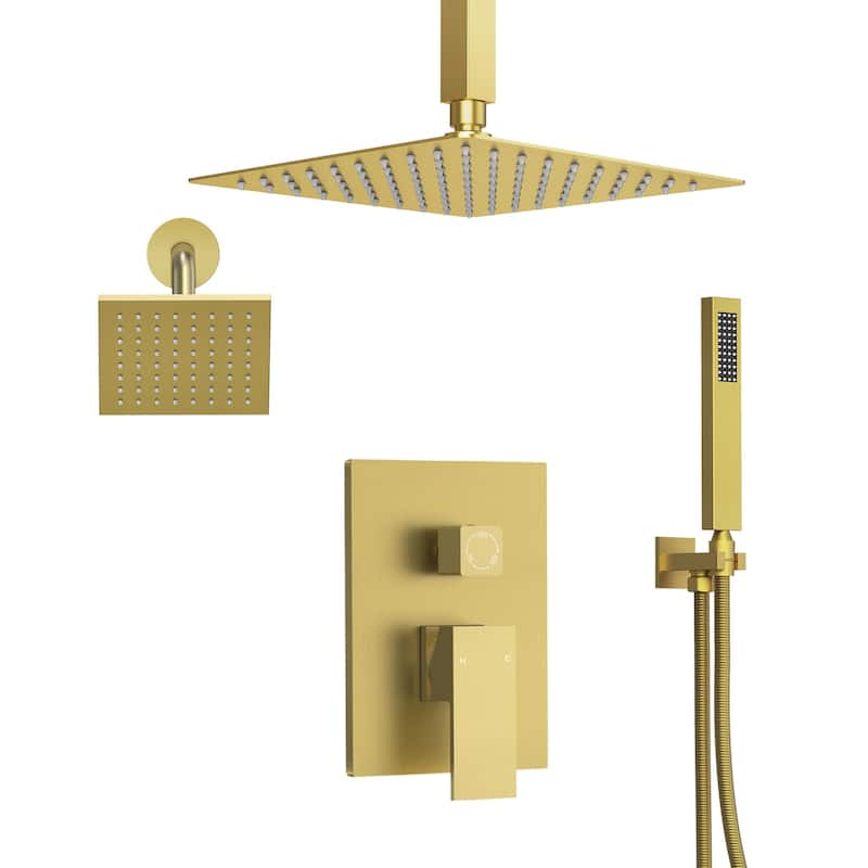 Triple-Function 10" & 6" Dual Shower Heads Shower Faucet Set, Ceiling Mount Shower System - 10" x 6" - Brushed Gold